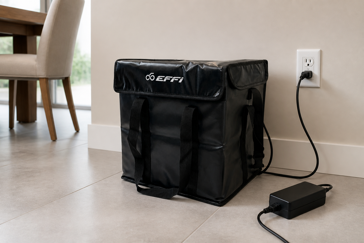 Black EFFI 2-in-1 fire resistant delivery and battery charging bag on a tiled floor beside a charger and Canadian-style wall outlet.