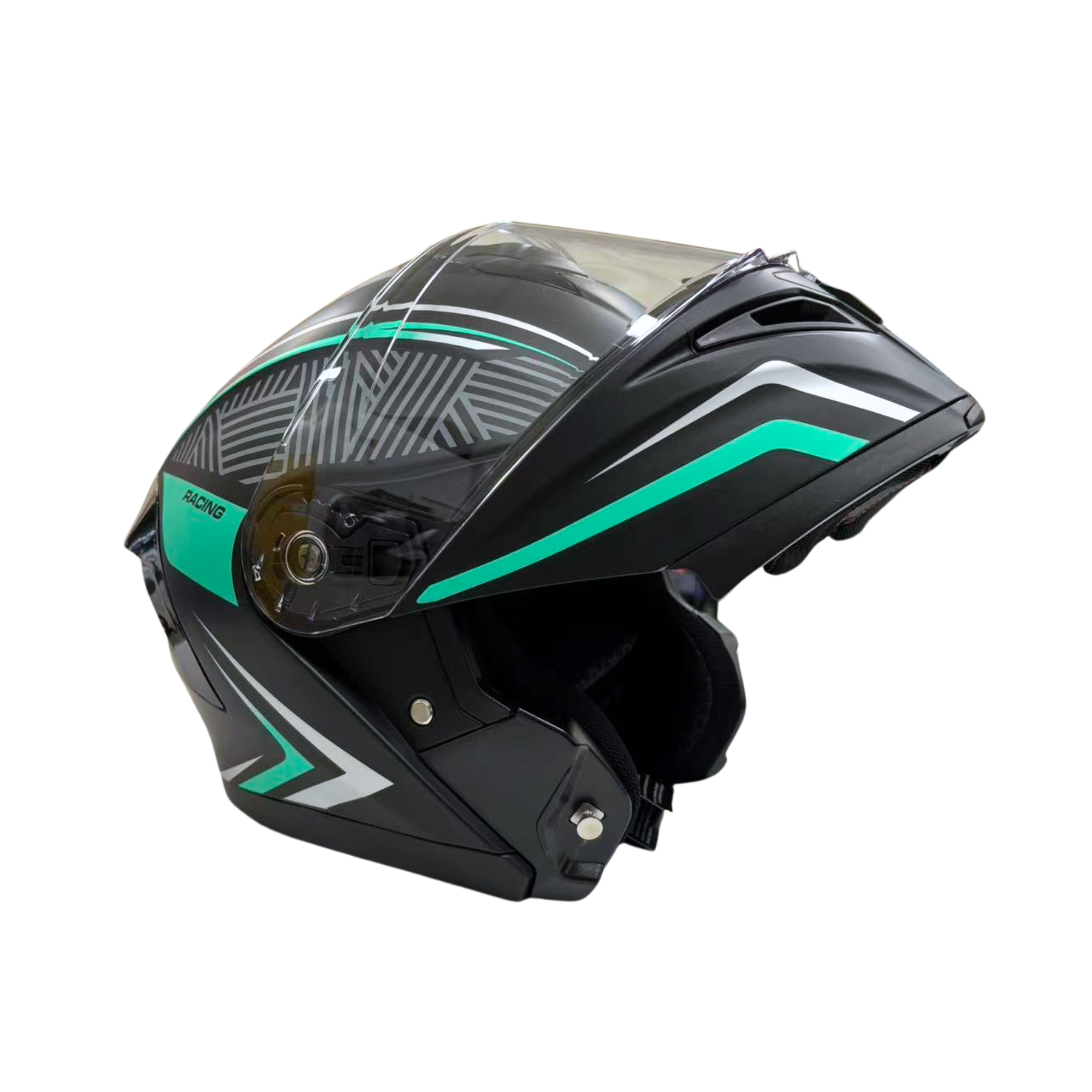 Black and green motorcycle helmet on a white background