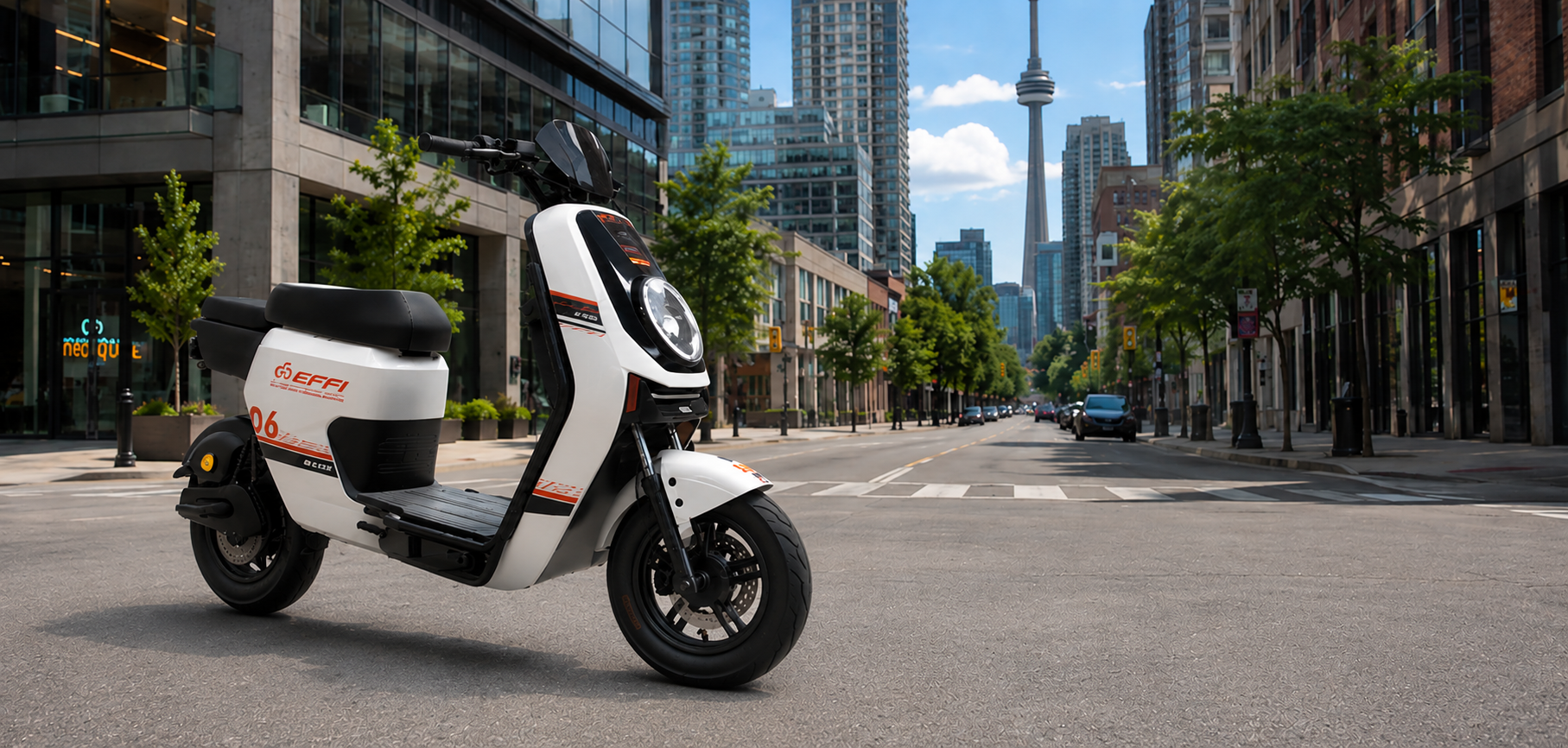 Electric scooter on a city street with tall buildings in the background