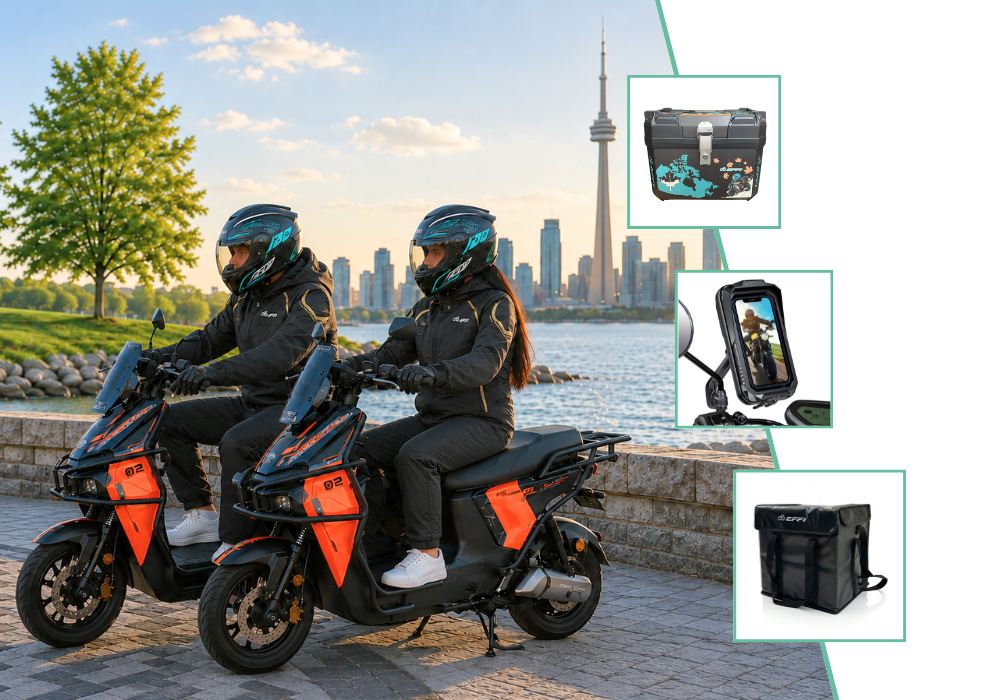 Two people on electric scooters with a city skyline and water body in the background.