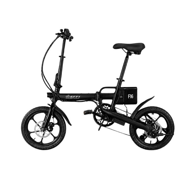 Foldable black electric bike with 'Effi' branding on a white background