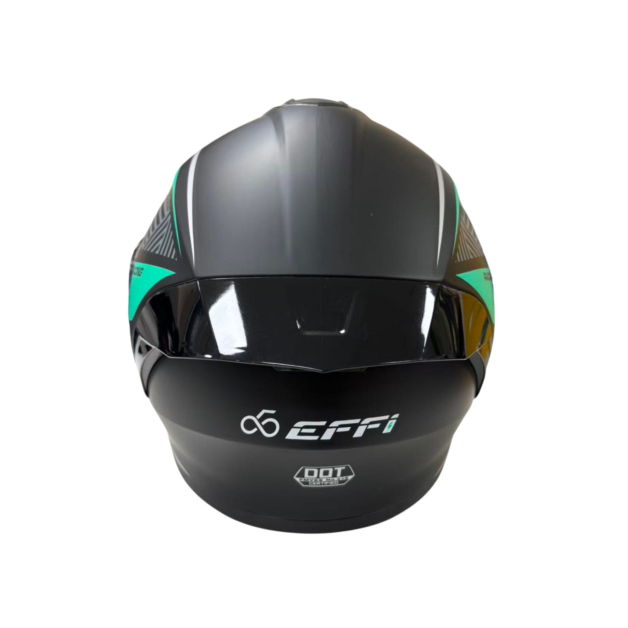 Black and teal motorcycle helmet with 'EFFI' branding on a white background