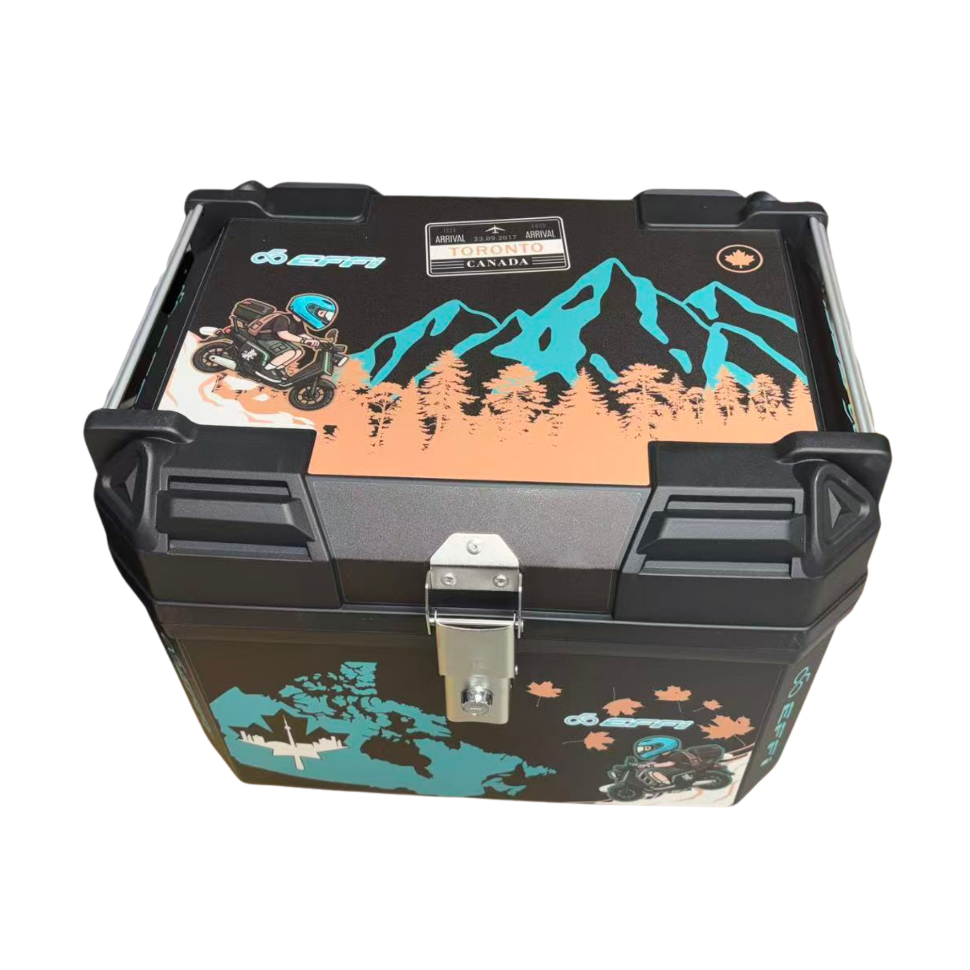 Black travel case with mountain and nature-themed design on a white background