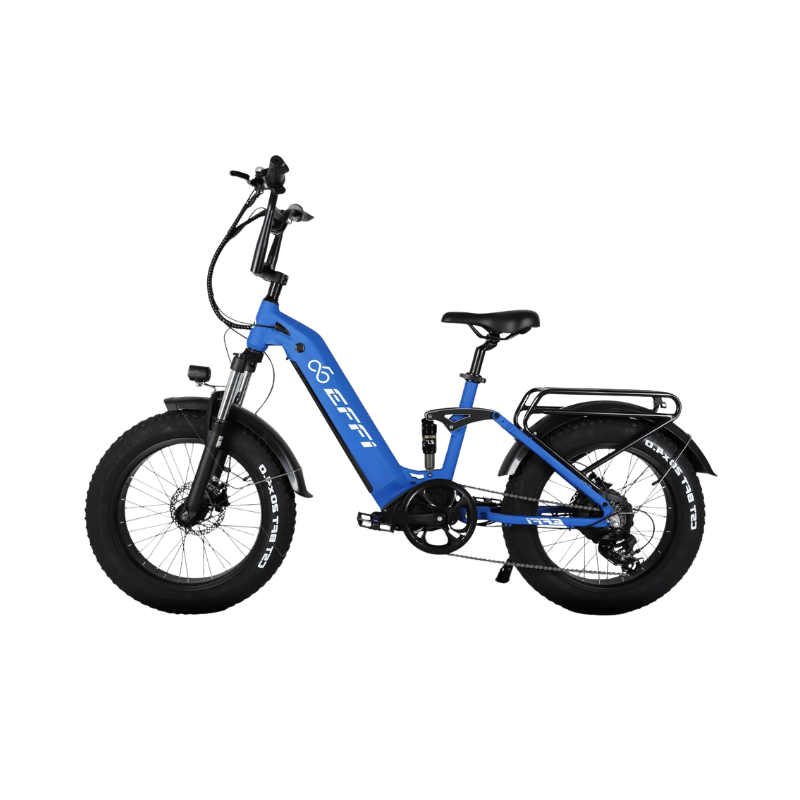 Blue electric bike with black accents on a white background