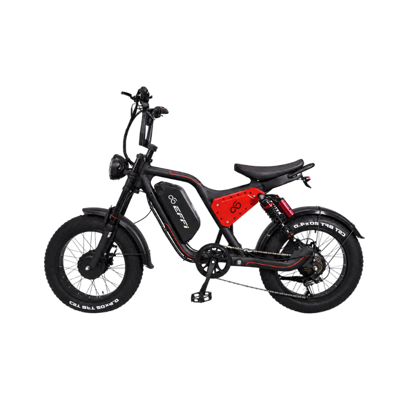 moped-style fat tire electric bike or scrambler-style electric bike Black with red accents on a white background