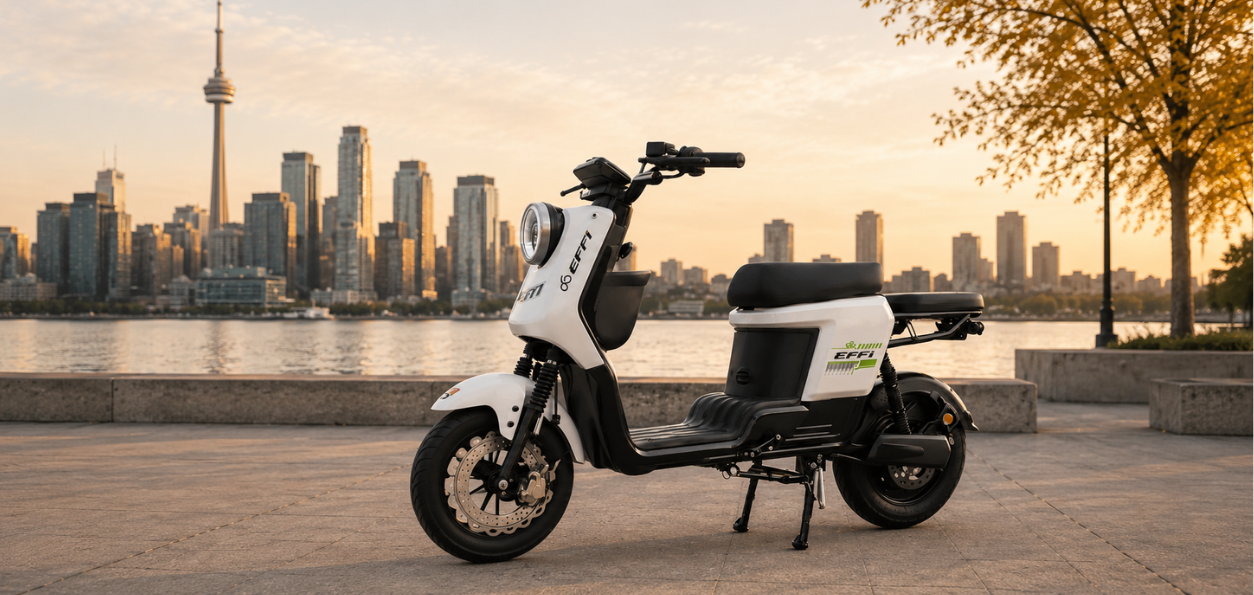 Electric scooter with 'EFFI' branding in front of a city skyline at sunset.