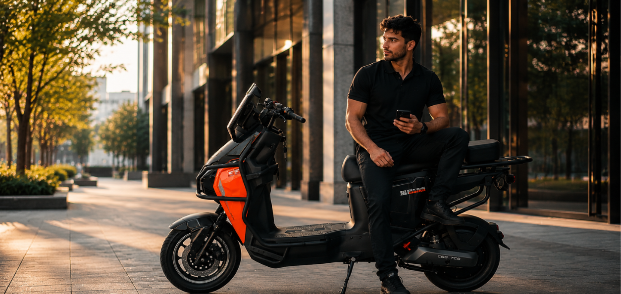 Man sitting on an electric scooter in an urban setting