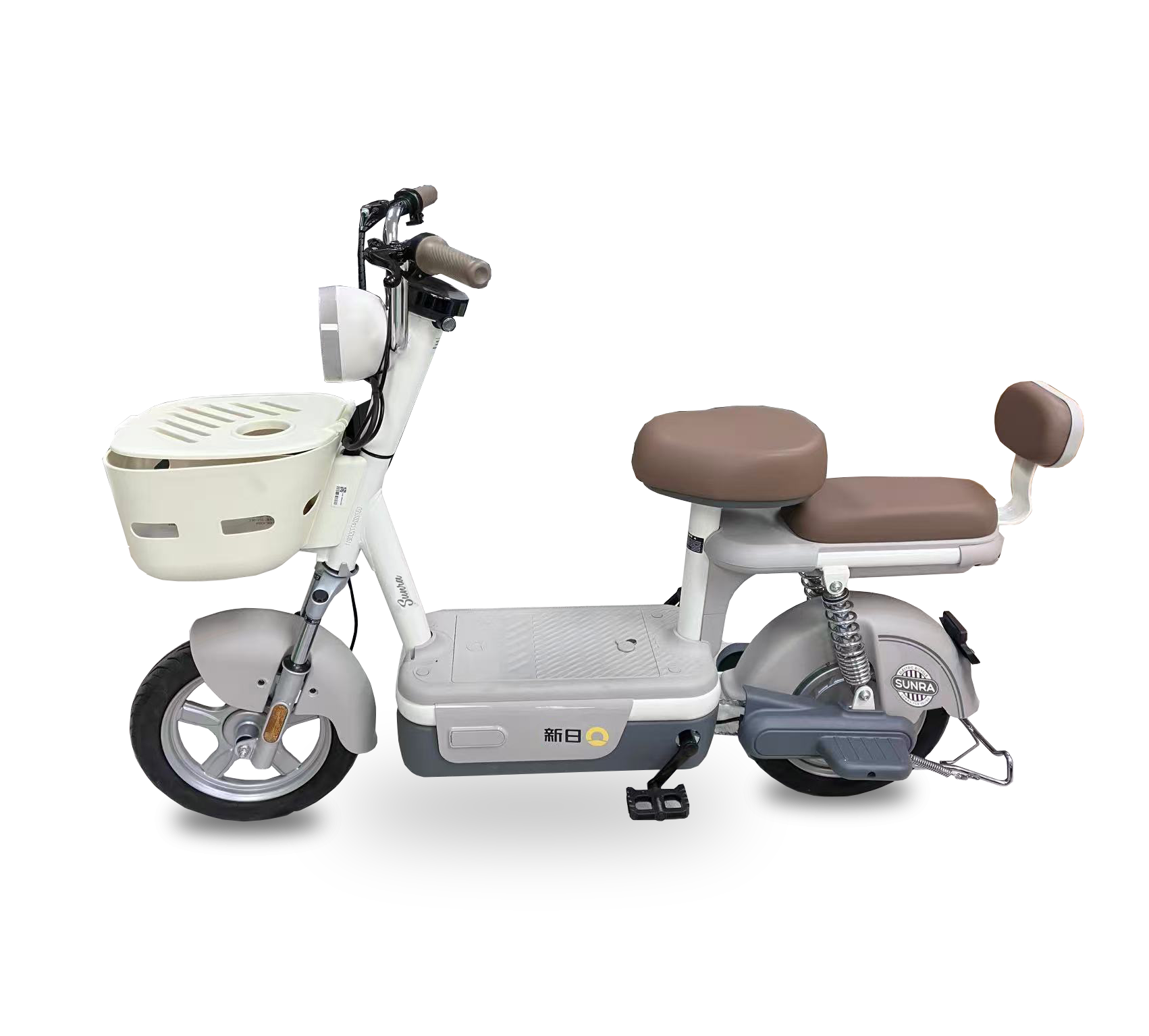 Effibike Duoduo e-scooter in grey, white, and brown with double seat, backrest, front basket, and round headlight.