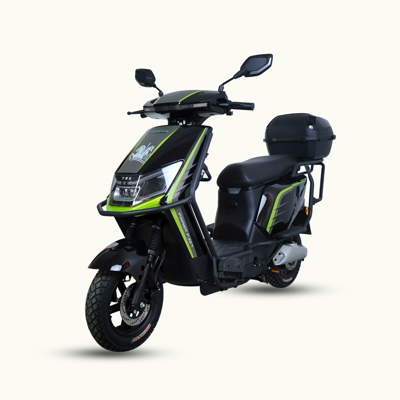 Effibike The Knight e-scooter in black and green with long range battery, oversized LCD display, large seat, bumper, and delivery rack space.