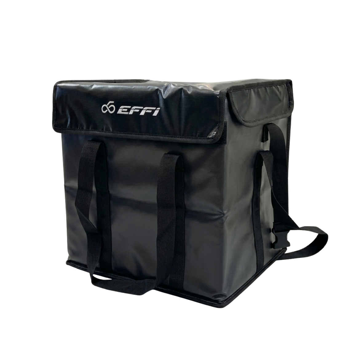 Black backpack with visible 'Effi' branding on a white background