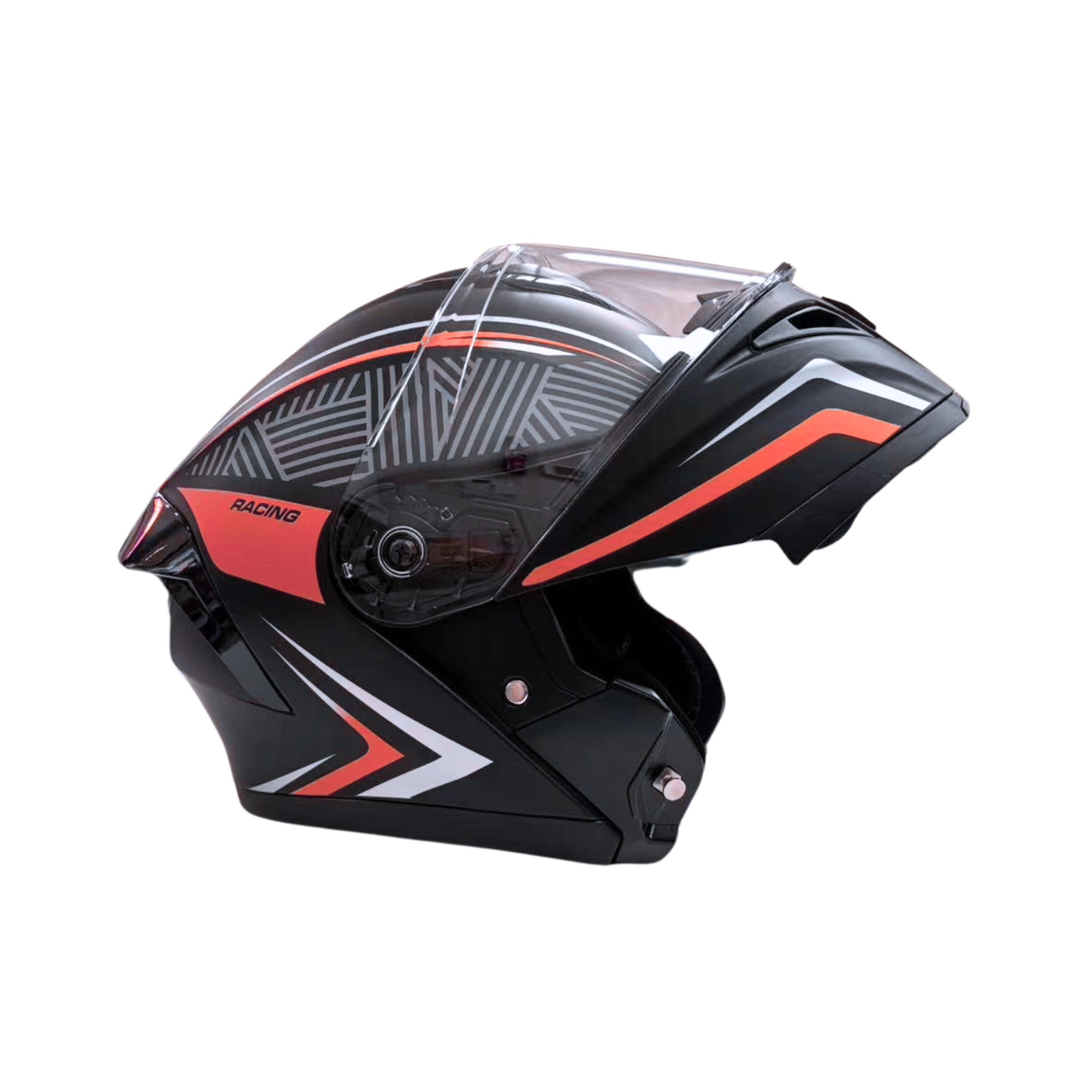 Black and red racing helmet with clear visor on a white background