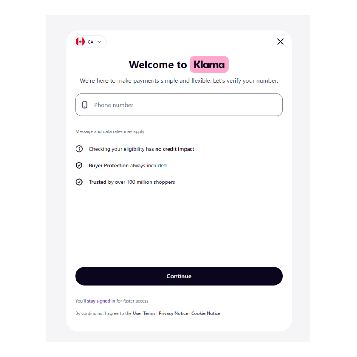 Welcome screen for Klarna with a phone number input field and 'Continue' button.
