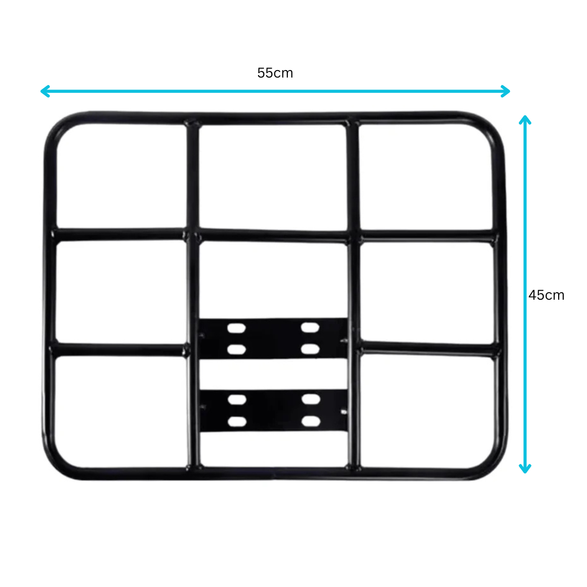 Black metal bike rack with dimensions labeled on a white background