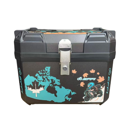 Black storage box with a map of Canada and a motorcycle design on a white background