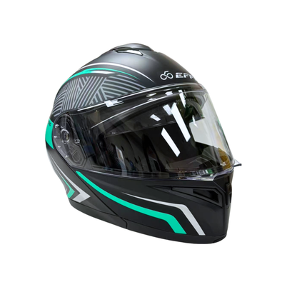 Black and green motorcycle helmet with clear visor on a white background