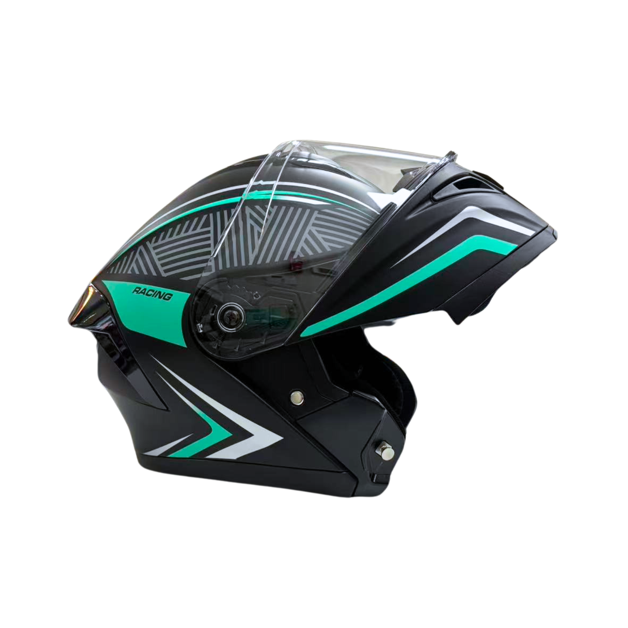 Black and teal motorcycle helmet with visor on a white background
