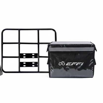 Black metal bike rack and black bag with 'EFFi' logo on a white background
