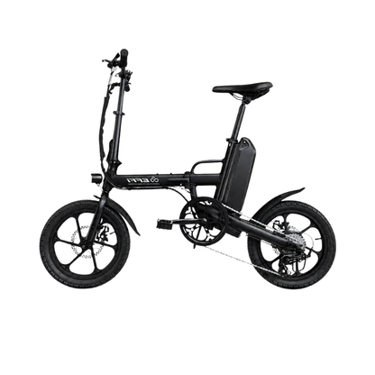 Black folding electric bike on a white background