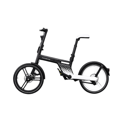 Black and white futuristic foldable electric bike on a white background