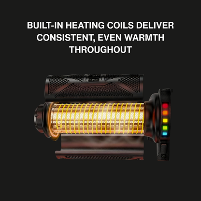 Heating device with visible heating coils and text about built-in heating coils on a black background