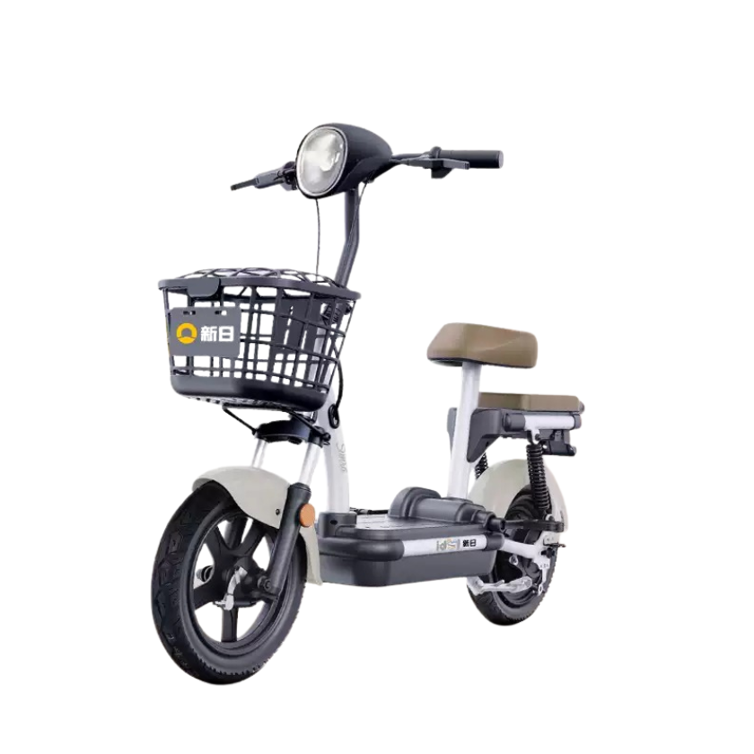 Small electric bike with a basket on a white background