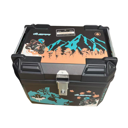 Black travel case with mountain and nature-themed design on a white background