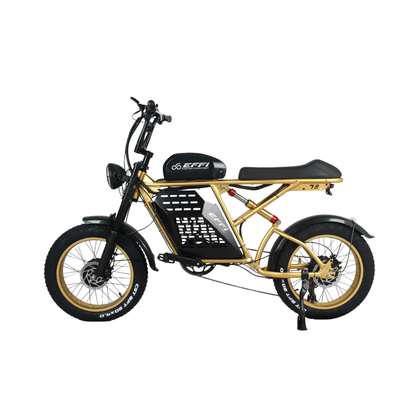moped-style fat tire electric bike or scrambler-style electric bike golden and black on white background