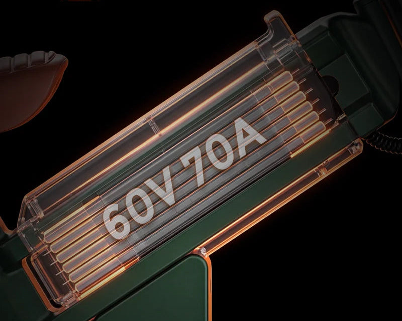 Battery pack with certification logos and specifications on a dark background