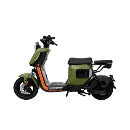 Green electric scooter with orange accents on a white background