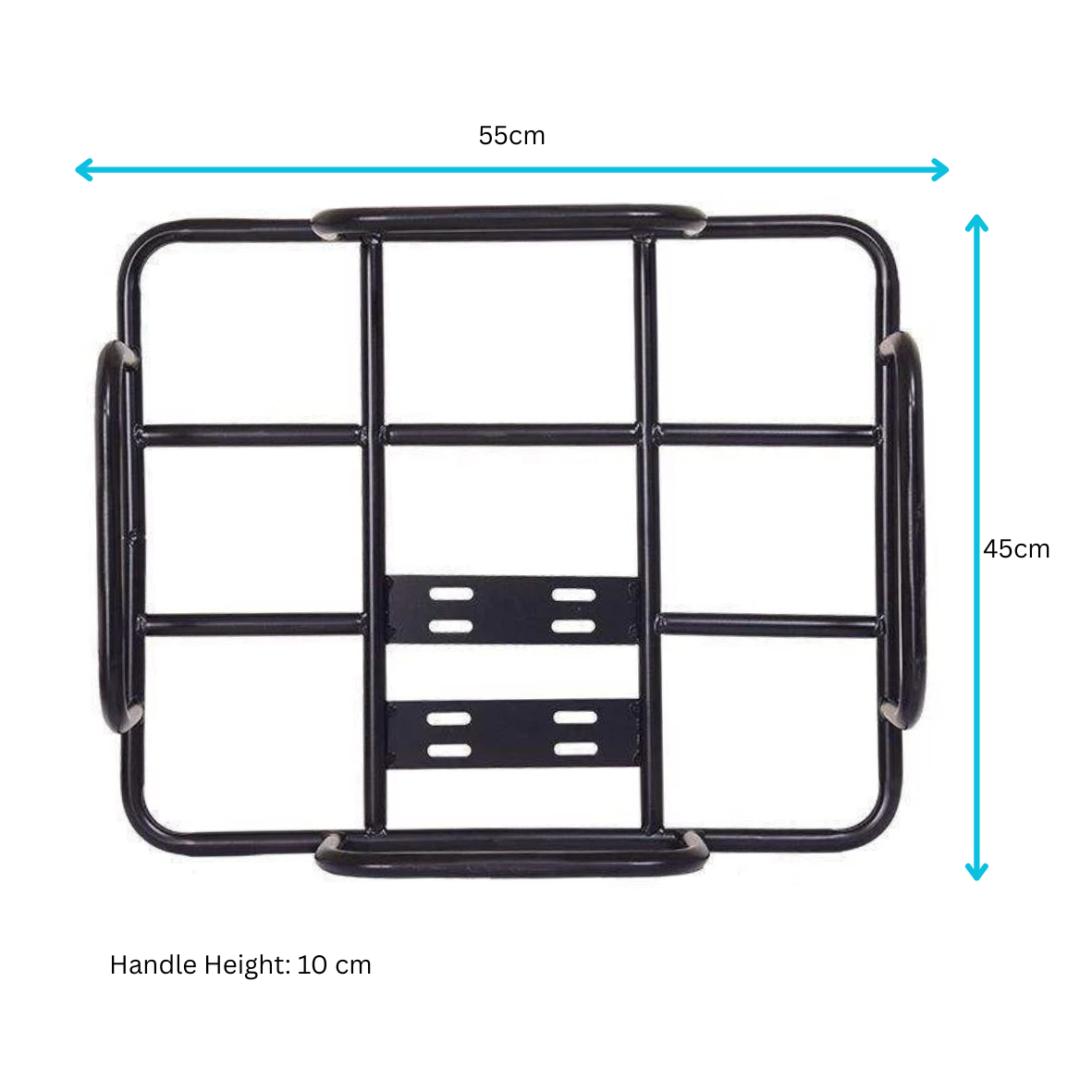Black metal bike rack with dimensions labeled on a white background