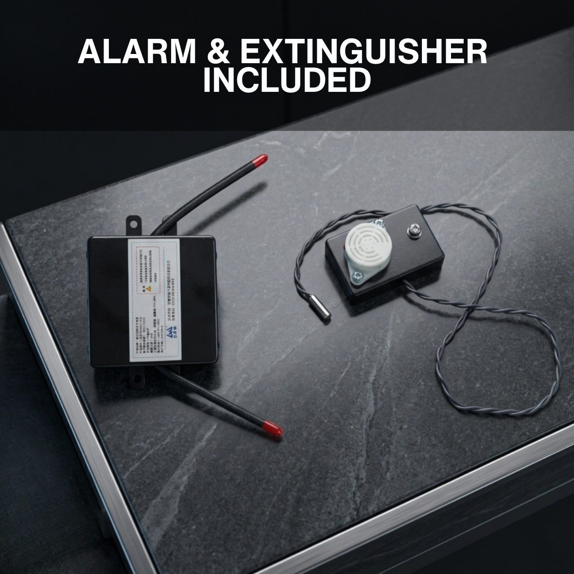 Alarm and extinguisher system components on a dark surface with text 'Alarm & Extinguisher Included'.