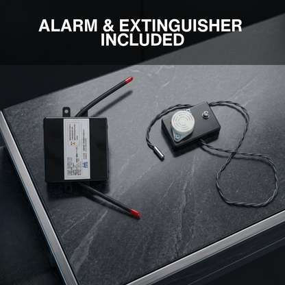 Alarm and extinguisher system components on a dark surface with text 'Alarm & Extinguisher Included'.
