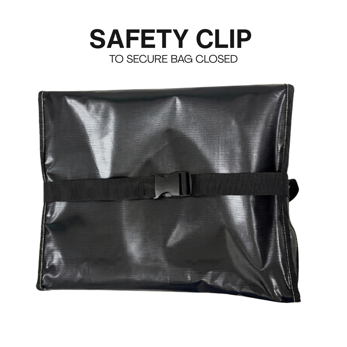 Black bag with a safety clip on a white background