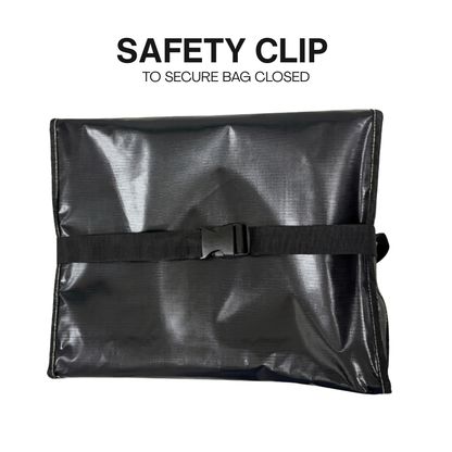 Black bag with a safety clip on a white background