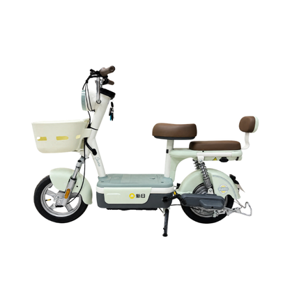 White electric scooter with a brown seat on a white background