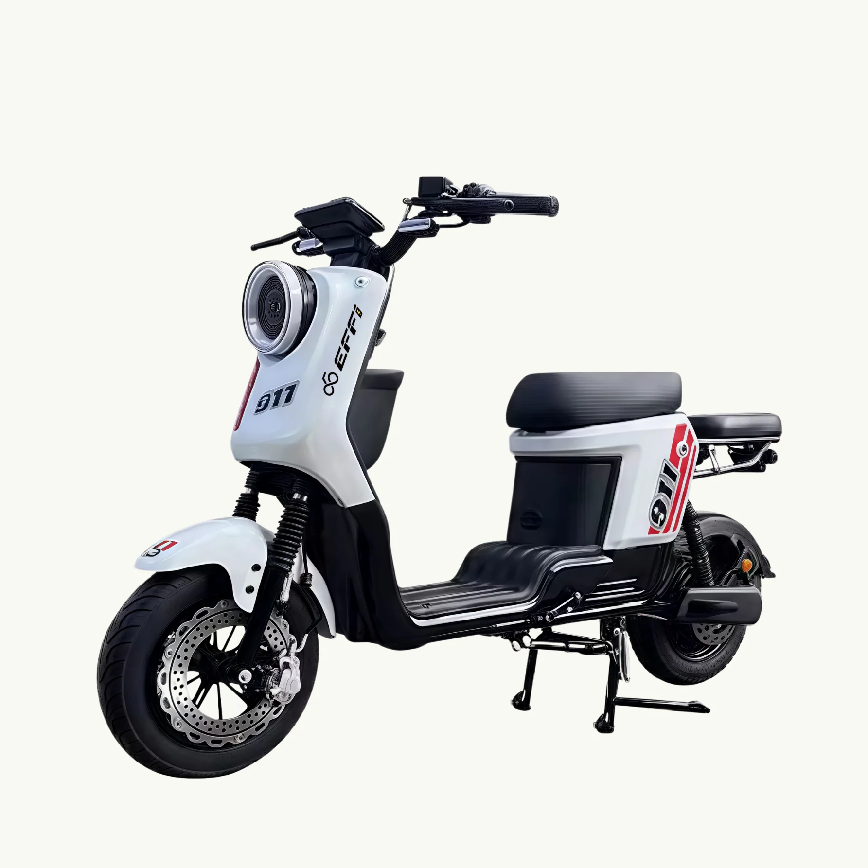 Effibike Rabbit white e-scooter with LED headlight, digital display, black seat, and rear space for delivery bag