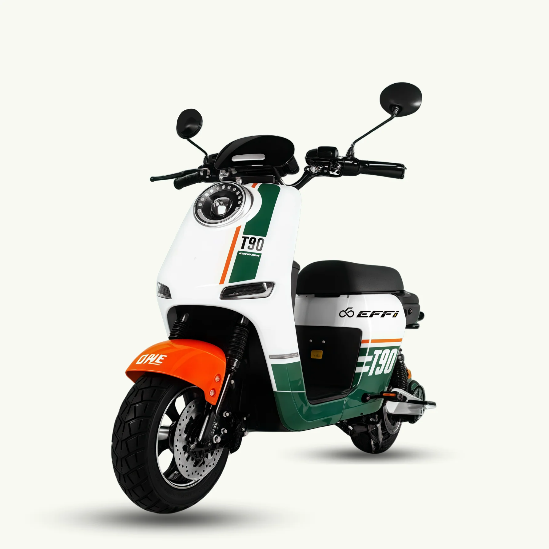 Effibike T90 e-scooter with big battery, long range, wide delivery seat, front light, bumpers, and delivery bag support – white, green, and orange.