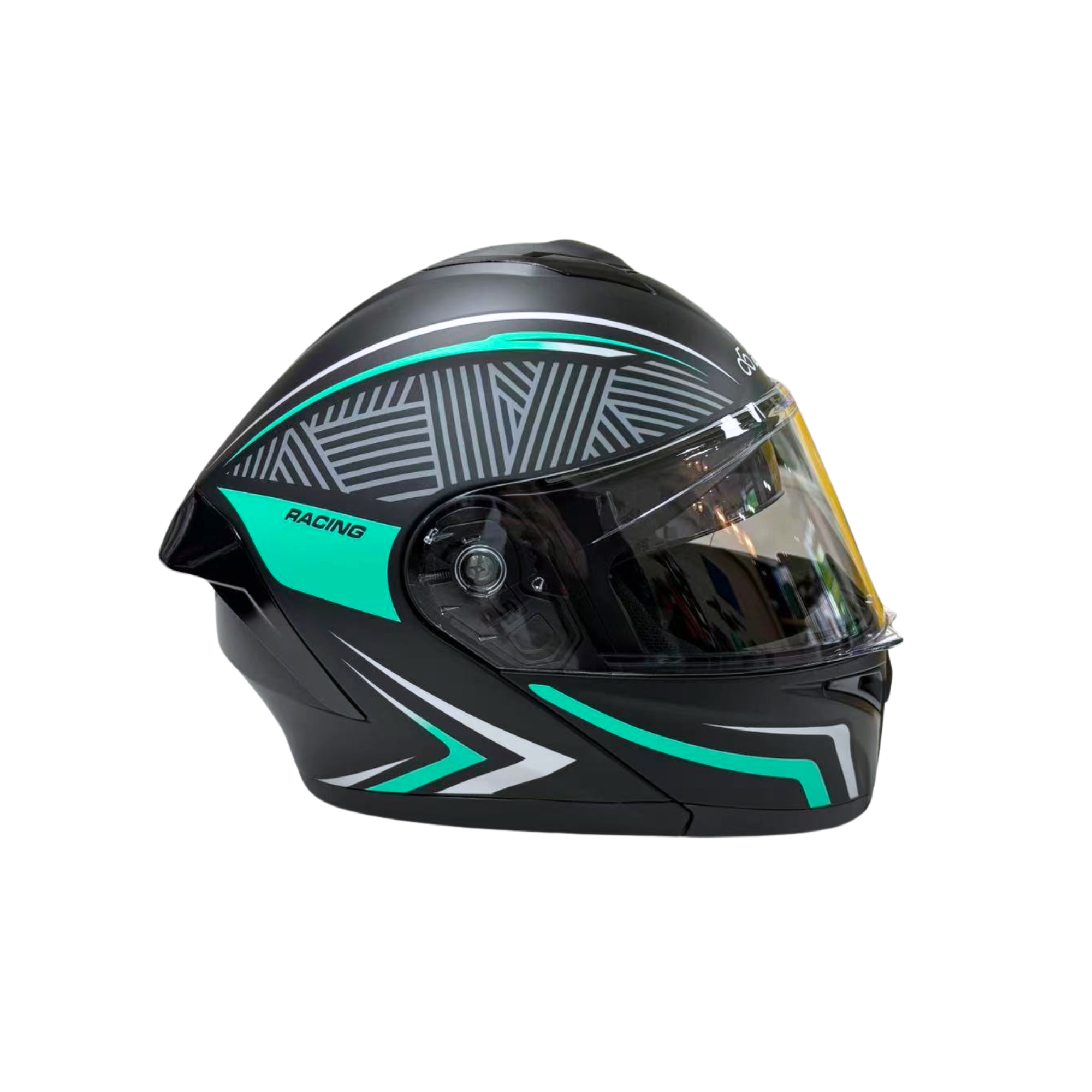 Black and green racing helmet on a white background
