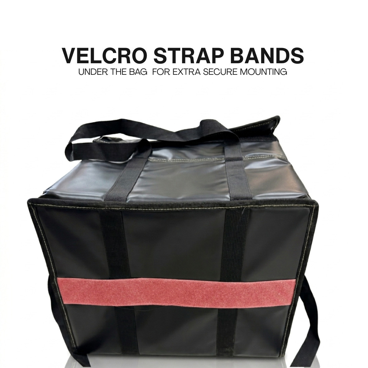 Black bag with a red velcro strap and text about velcro strap bands on a white background