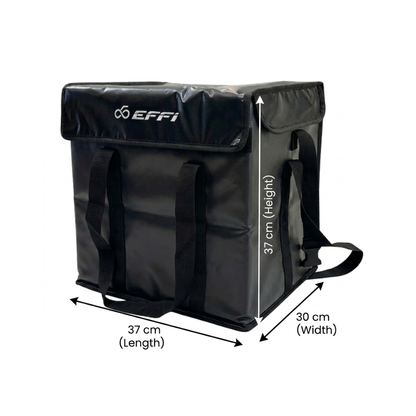 Black backpack with dimensions labeled on a white background