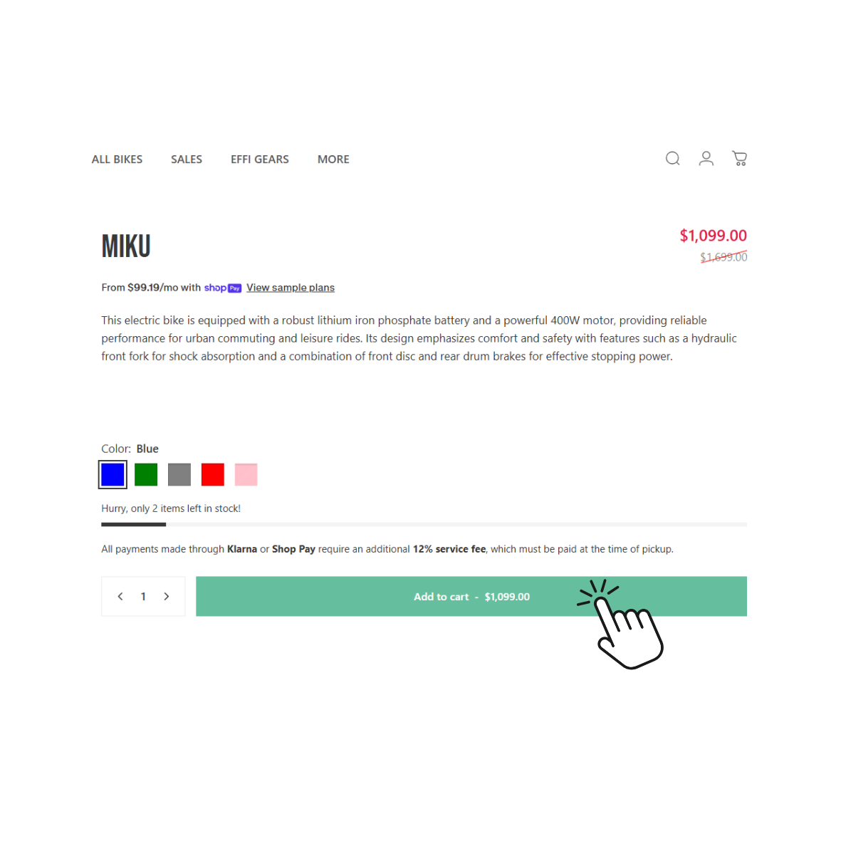 Product page for a Miku electric bike with an 'Add to cart' button on a white background.