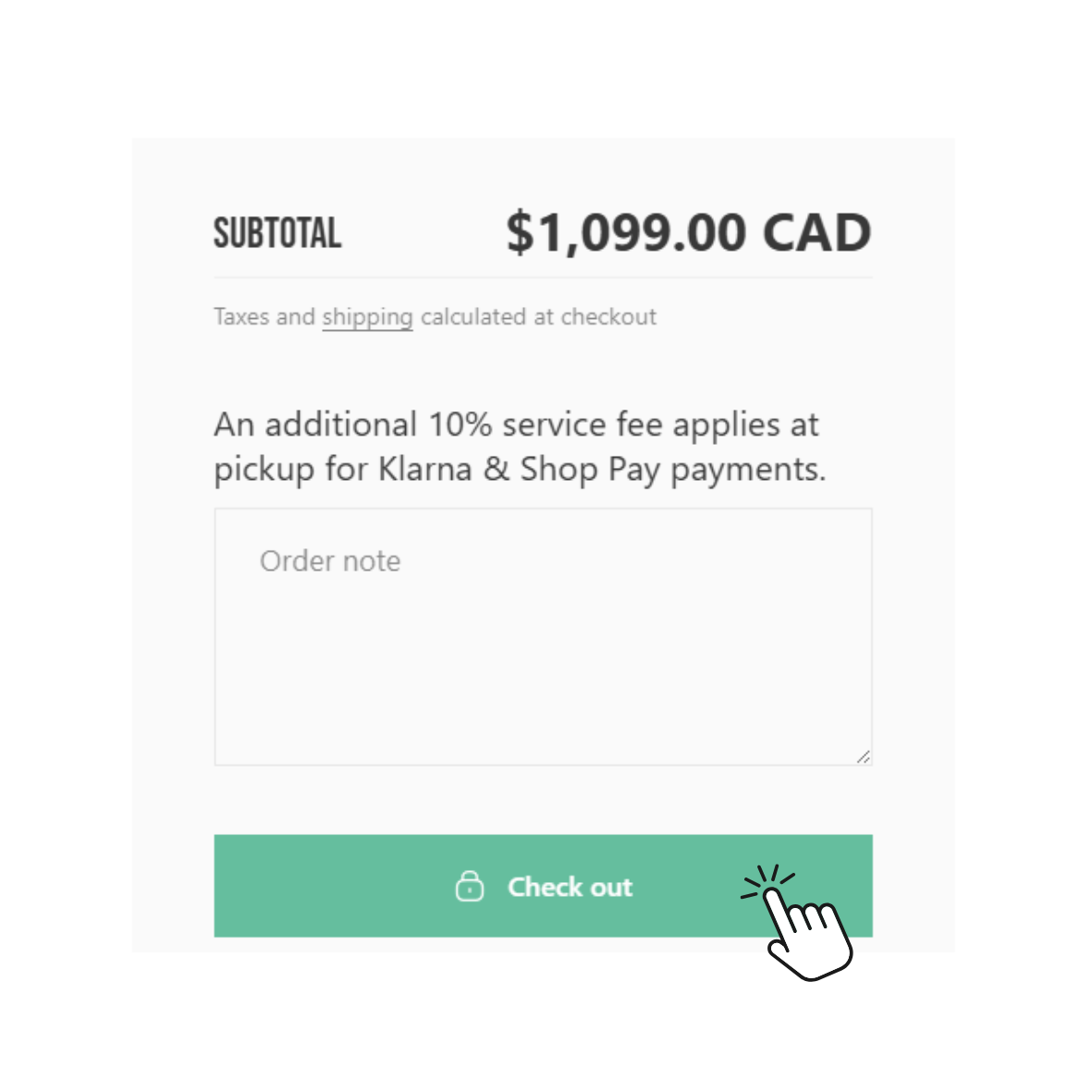 E-commerce checkout page with subtotal, service fee notice, and 'Check out' button.