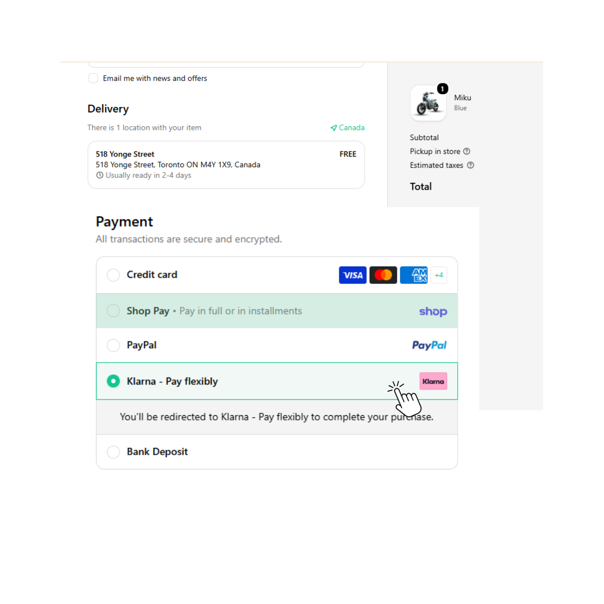 Payment screen with Klarna option on a white background