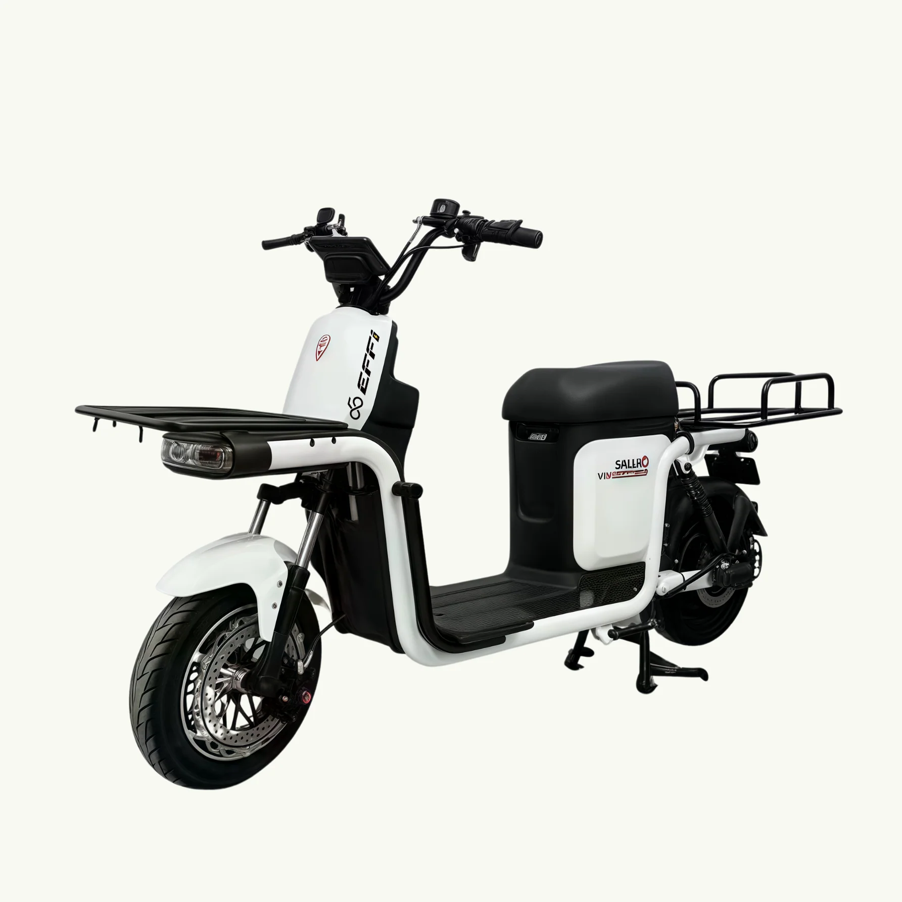 Effibike Loader e-scooter in white and black with front and rear racks for delivery use, plus LCD screen display.