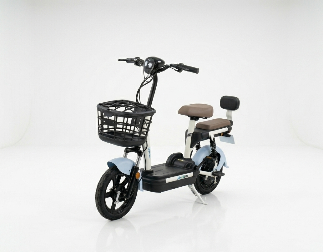 Electric scooter with a basket on a white background